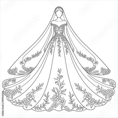 Line of a bride in an off-shoulder floral wedding dress and veil