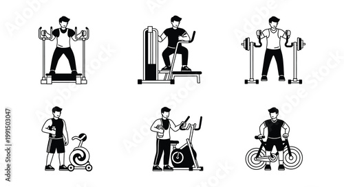 Diverse fitness activities illustrated with black silhouettes of gym equipment