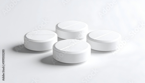 A minimalist studio shot showcases four white pills arranged on a clean, white surface, emphasizing their simple form and clinical aesthetic.