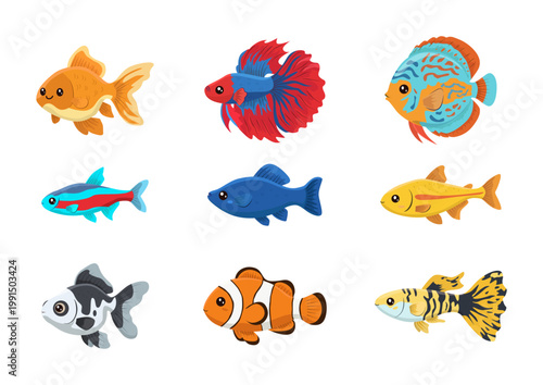 Cute Ornamental Aquarium Fish Set Vector Illustration