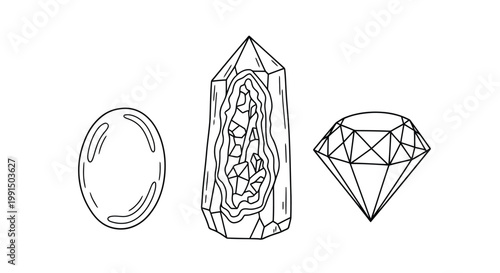 A drawing of a pearl a crystal and a diamond