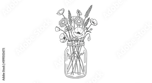 A bouquet of flowers in a mason jar