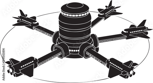 Black and white airliner, airplane, aircraft vector illustration, transportation icons, travel symbols