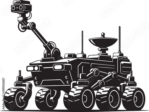 Robotic vehicle, futuristic robot, black and white illustration, mechanical machine, vector graphics