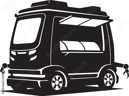 Black food truck, vector food cart, street vendor icon, black and white illustration