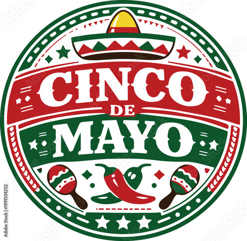 Cinco de mayo celebration badge with traditional mexican symbols like a sombrero and maracas