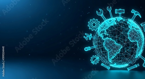 Global tools and international workers day concept engineering and mechanics equipment mechanical engineering cogwheel international. low poly happy labour day, & international worker's day 4K