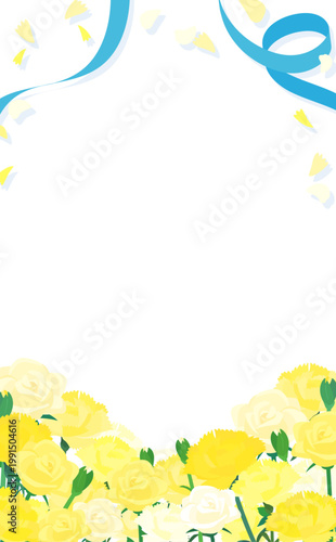 黄色のカーネーションと薔薇とリボン透過フレーム1_縦