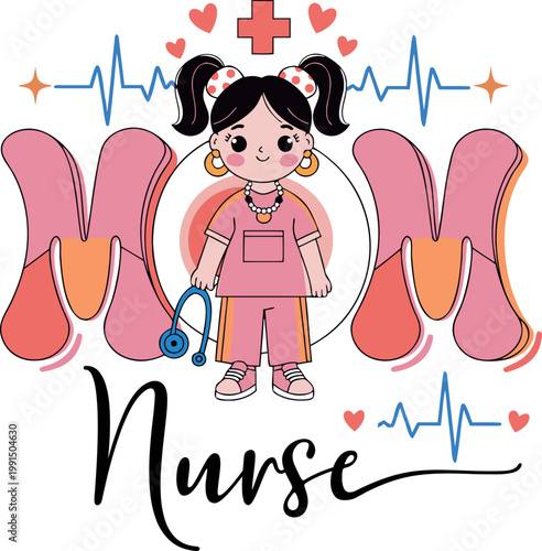 Cute cartoon illustration of a nurse mom in pink scrubs with stethoscope and heartbeat symbols