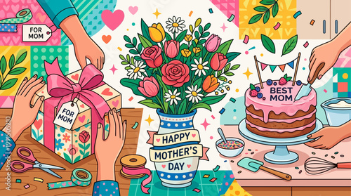 This dynamic flat design vector illustration showcases various joyful Mother's Day preparation activities, from wrapping gifts to arranging flowers and baking a cake. 