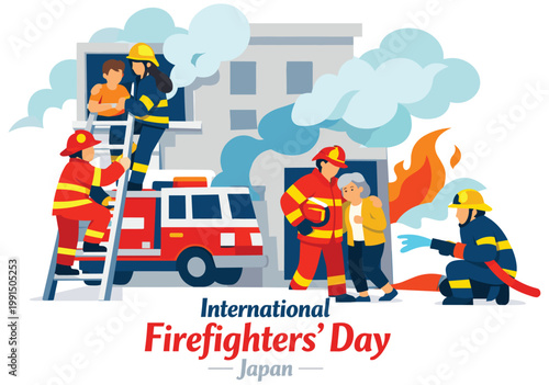 Brave firefighters saving people from burning building, red fire engine truck on scene, smoke clouds and flames, japanese tribute poster, heroic rescue mission, flat graphic vector illustration.