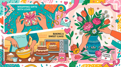 This dynamic flat design vector illustration showcases various joyful Mother's Day preparation activities, from wrapping gifts to arranging flowers and baking a cake. 