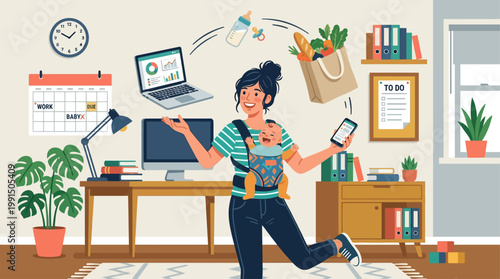 This dynamic flat design vector illustration humorously yet accurately depicts a multitasking mom expertly juggling work, childcare, and household duties with a smile. 