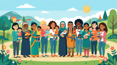 This inclusive flat design vector illustration showcases a diverse group of mothers from various backgrounds, celebrating the universal bond of motherhood. 