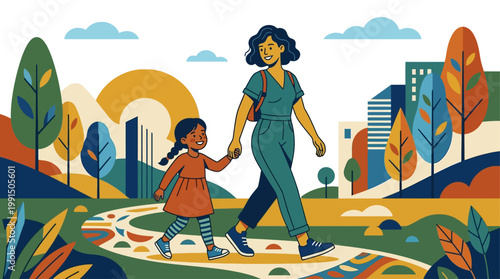 This empowering flat design vector illustration portrays a single mother and her child holding hands, symbolizing their strong bond, resilience, and unwavering love. 