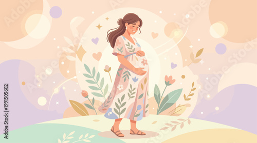 This heartwarming flat design vector illustration depicts a serene expectant mother gently cradling her baby bump, embodying the beauty and anticipation of motherhood. 