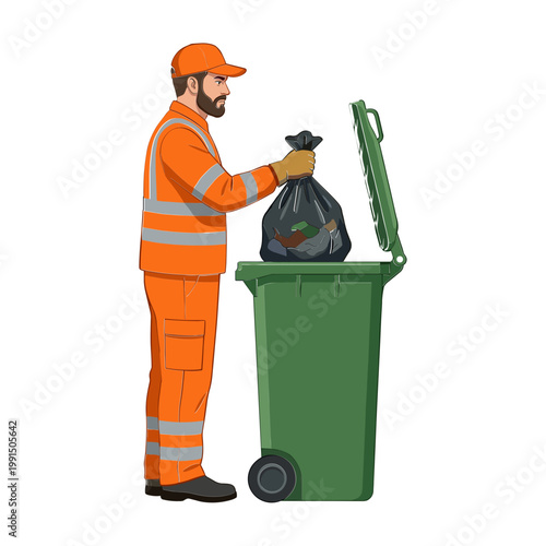 A sanitation worker putting a trash bag into a green garbage can outdoors.