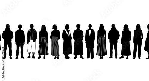 People standing in a line with various outfits and styles featuring diverse, silhouettes, group with individuals and casual elements for formal,