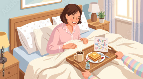 This flat design vector illustration beautifully depicts a mother's blissful moment of enjoying breakfast in bed, a classic gesture of love and care on Mother's Day. 
