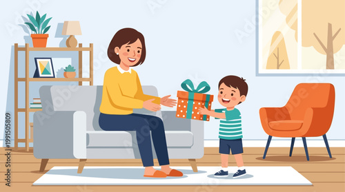 This flat design vector illustration shows a heartwarming scene of a child presenting a thoughtful gift to their mother, embodying the spirit of appreciation and celebration. 