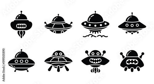 Collection of stylized black silhouettes depicting various alien spacecraft
