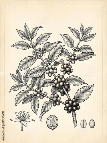 Detailed vintage botanical illustration showcases a coffee plant's life cycle, featuring lush leaves, delicate flowers, and clusters of maturing coffee cherries in various shades.