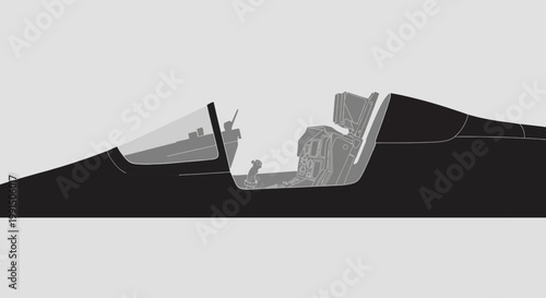 Silhouette illustration of a fighter jet cockpit with ejection seat and flight stick gray tone aviation technology interior design