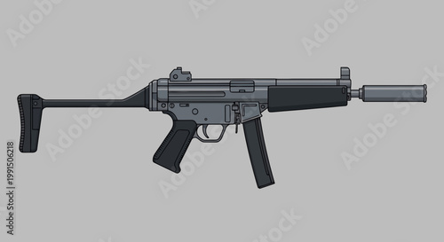 Submachine gun MP5 with silencer black tactical pistol with stock compact firearm in vector style gray weapon for swat