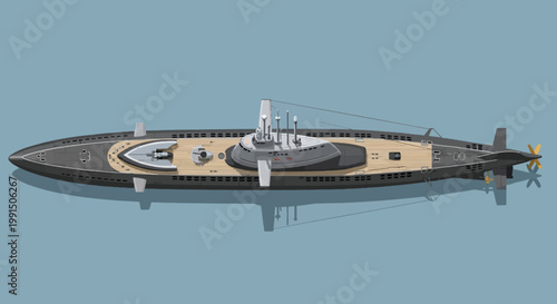 Top down illustration of a pixelated submarine with torpedoes on a grey background; detailed naval vessel artwork