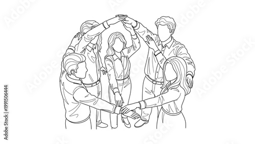 Group of business people joining hands in a circle to show unity and teamwork. Continuous line style. Hand drawn. Line art. Vector design. illustration