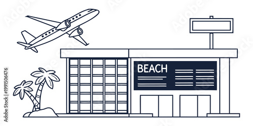 A black and white line drawing of a beachside airport terminal with a plane flying overhead