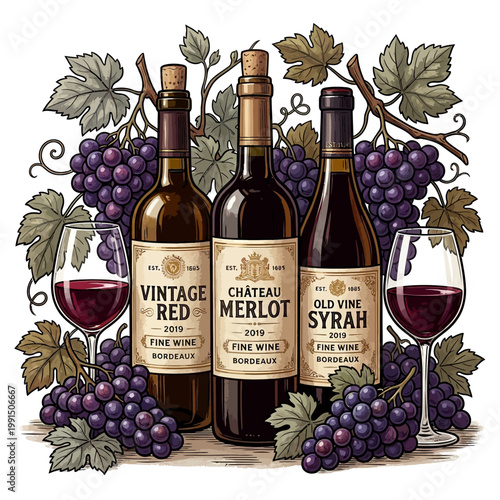 Three bottles of wine and glasses.