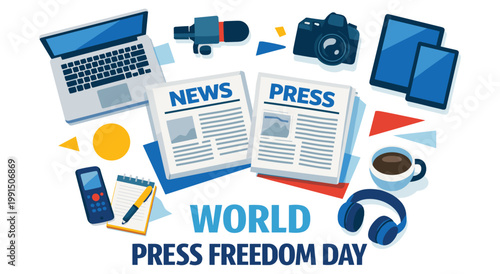 Flat vector illustration of newspaper and digital devices for news reporting. Modern journalism tools including laptop and camera and headphones. Media and information technology background.