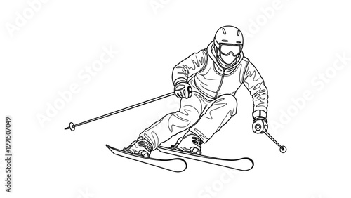 Black and white line drawing of a professional skier carving down a mountain slope.