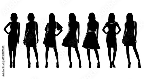 Women silhouettes standing in various poses with different dress styles featuring fashion, black and white, vector with graphic and illustration