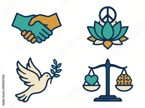 A graphic illustration of peaceful symbols including hands shaking, a lotus flower, a dove, and a scale of justice.