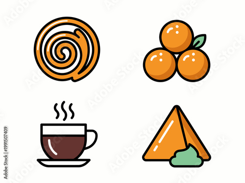 A colorful illustration of various sweet and savory food items on a white background