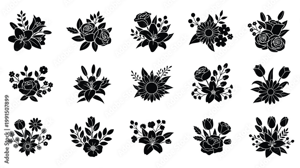 Fototapeta premium Floral bouquet silhouettes for elegant decoration and greeting cards.