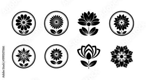 Flower doodle icon set with circular badges, thick outlines, and layered petals for decorative floral design