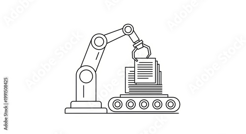 Robotic arm organizing files on conveyor belt in minimalist outline design