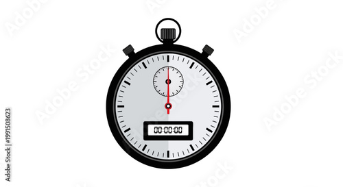 Stopwatch displaying elapsed time with red hands and digital timer on a clean white background; illustration style for precise measurement