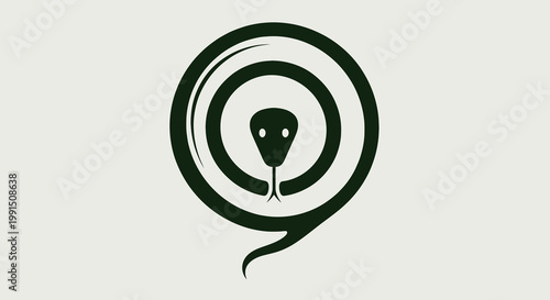 Stylized graphic snake in circular form; simple vector design of reptile coiled up with head and split tongue; dark green on off-white