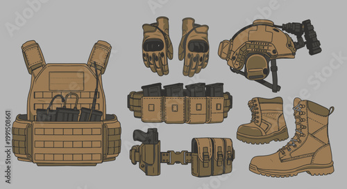 Tactical gear set with body armor helmet gloves and boots vector illustration in military tan color scheme