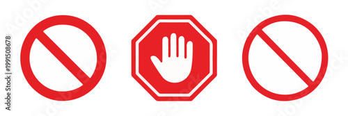 Red prohibition and stop signs on white background