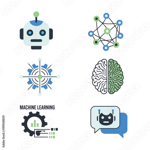 Machine Learning Icons: An array of stylized icons, encapsulating the core concepts of machine learning, from the mechanics of artificial intelligence to the neural networks.