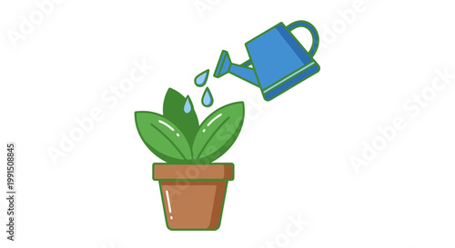 Watering can irrigates plant in brown pot illustration; cartoon style vector of gardening growth and care with bright green leaves