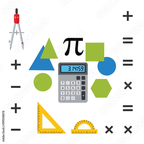Math Tools and Concepts Illustration: A visually engaging arrangement of essential mathematical tools and concepts, symbolizing the core elements of the subject and inviting intellectual exploration.