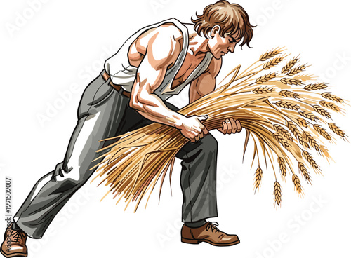 Farmer harvesting wheat bundle illustration with muscular agricultural worker carrying grain sheaf vintage farming vector character rural agriculture concept