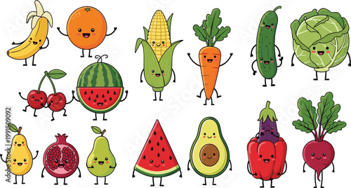 Cute Kawaii Fruit And Vegetable Characters Vector Set Featuring Happy Banana Orange Watermelon Corn Carrot Cucumber Avocado And Cabbage Icons For Kids Design