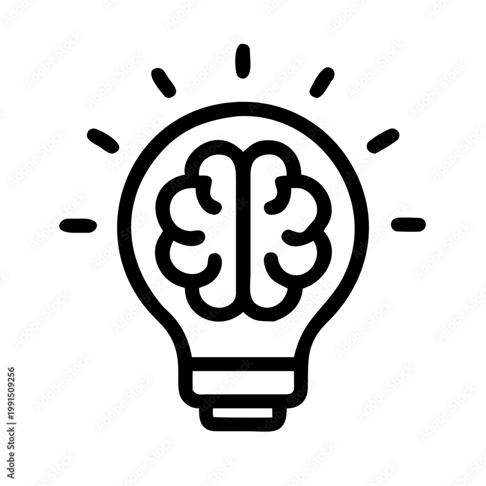 Fototapeta premium A minimalist vector graphic of a lightbulb with a brain inside, symbolizing a bright idea